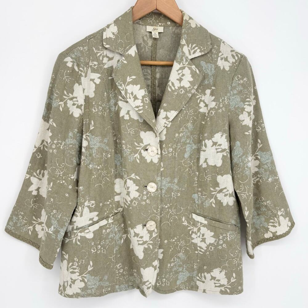 J. Jill 100% Linen Green Floral 3/4 Sleeve Blazer Jacket Size S
